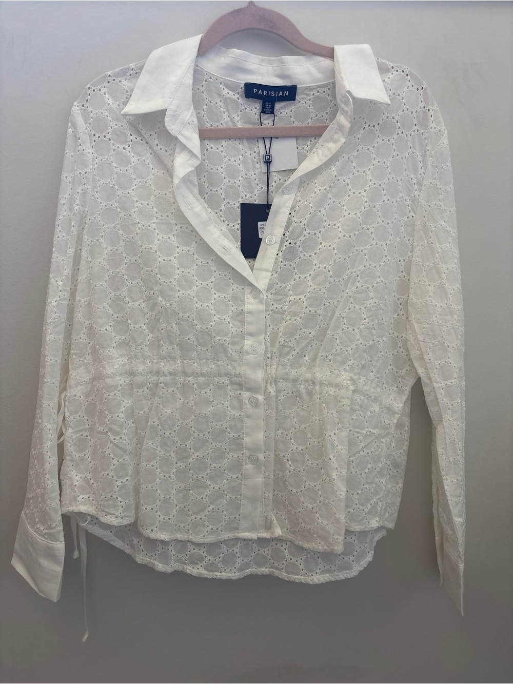 NWT Parisian Works White Eyelet Broderie Anglaise Drawstring Waist Blouse